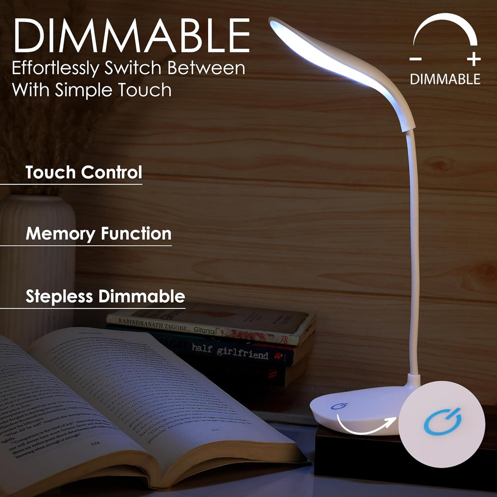 LED Study Lamp Rechargeable,Table Lamp for Study Room, Desk Lamp Light with 3 Brightness Levels,Portable USB Table Light,Study Table Lamp for Students,Reading & Work at Home,White